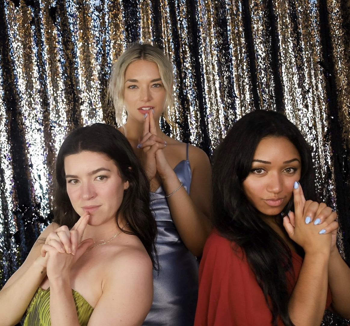 Glamour photo booth at party in Tallahassee with sequin backdrop