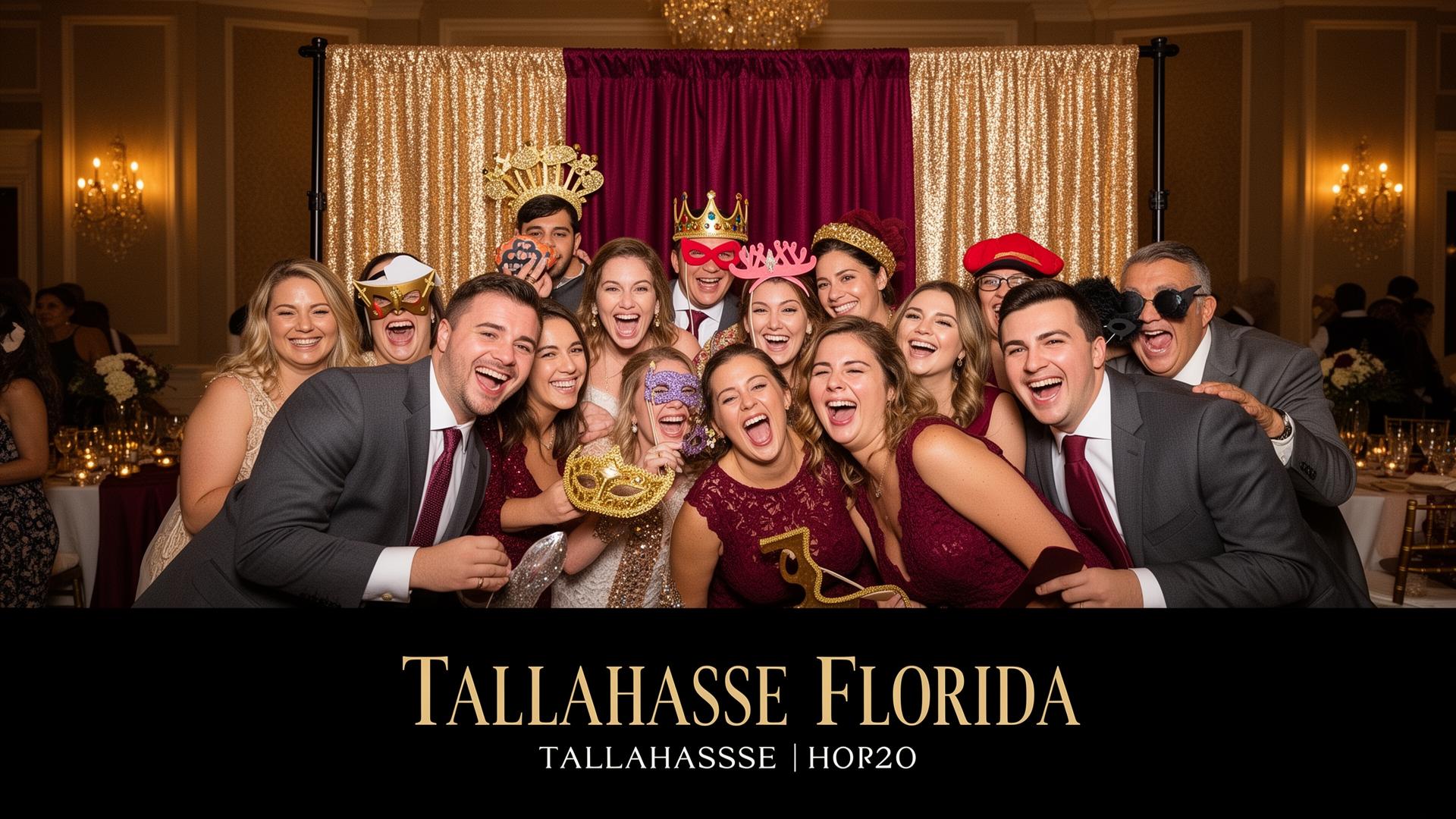 Premier Mirror Booth setup at a Tallahassee wedding reception with garnet and gold backdrop